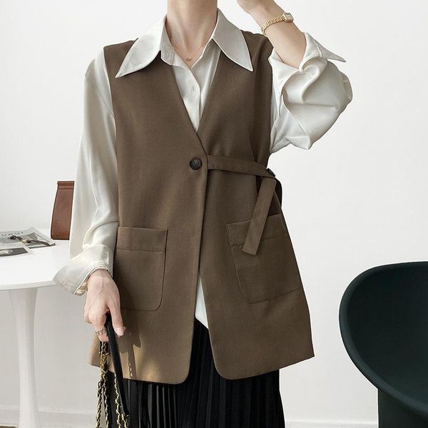 Chalecos de mujer Women-cuello en v blazer marrón chaleco primavera verano 2023 hebilla de hebilla de hebilla