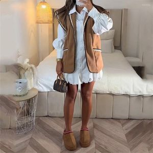 Gilets pour femmes Femmes Blanc Mini Robe Chemise Et Gilet Marron Ensemble 2023 Automne Casual Lanterne À Manches Longues Col Rabattu Tops Patchwork Costume