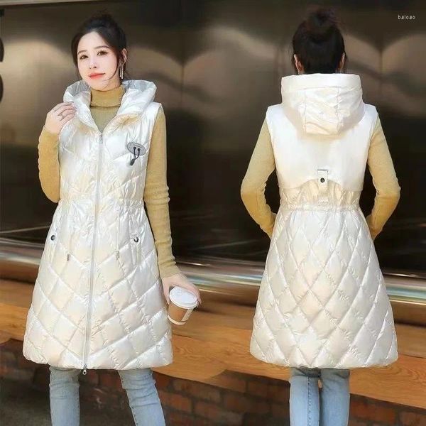 Chalecos de mujer Mujeres Chaleco de invierno Chaqueta brillante brillante impermeable abrigo 2024 moda chaleco largo sólido delgado cálido damas sin mangas