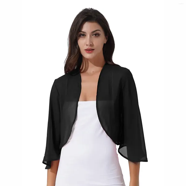 Gilets pour femmes Femmes Capes en mousseline de soie Cardigan Boléro Veste 3/4 Manches évasées Couleur unie Soirée de mariage Robe de mariée Cover Up Wraps