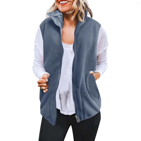 Gilets pour femmes Veste polaire pour femme couleur unie sans manches double face gilet en velours corail avec poches 2024 automne hiver manteau chaud épaissi