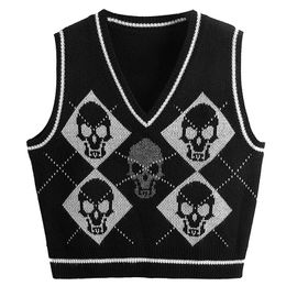 Gilet pour femmes Y2K Gothic talit Sweater Gile Skull Argyle Print Pattern Tricketwear V-Neck Pullover Fashion Jumper Top Top Women Halloween Streetwear 221125