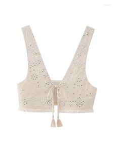 Vrouwen Vesten Yenkye 2023 Vrouwen Gerafeld Zoom Geborduurde Spiegel Crop Top Sexy Mouwloze V-hals Lace Up Vrouwelijke Zomer vest Tops