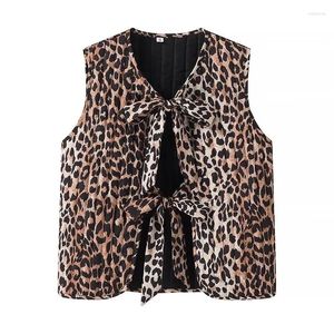 Damesvesten Yenkye Bow Lace Up Leopard Vest For Women 2024 Y2K Spring Summer V Neck Cardigan Tops Vrouwelijke chique waistcoats streetwear