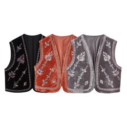 Gilets pour femmes Zach Ailsa hiver femmes rétro court perlé brodé gilet de velours décontracté polyvalent rond col en v gilet 231204