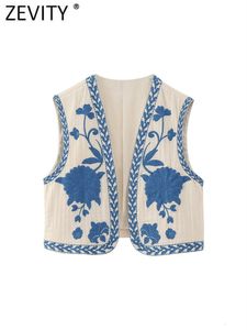 Damesvesten ZEVITY Women National Mouwess Position Floral Embroidery Short Vest Jacket Ladies National Style Casual WaTcoat Tops CT4110 230503