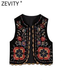 Damesvesten ZEVITY Dames Vintage Flare Flower Embroidery Tank Top Women's National Style Patch Work Casual Velvet Taille Coat Top CT2978 230329