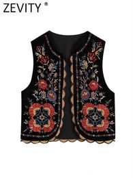 Gilets Femmes Zevity Femmes Vintage Flare Fleur Broderie Débardeur Femmes Style National Patch Travail Casual Velours Taille Manteau Top CT2978 230329