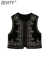 Zevity Femmes Vintage O Cou Paillettes Fleur Broderie Gilet Court Veste Dames Sans Manches Casual Velours Gilet Tops CT3020 230815