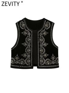 Gilet da donna Zevity Donna Vintage O Collo Paillettes Fiore Ricamo Gilet corto Giacca da donna Senza maniche Casual Gilet in velluto Top CT3020 230927