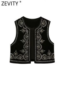 Zevity Femmes Vintage O Cou Paillettes Fleur Broderie Court Gilet Veste Dames Sans Manches Casual Velours Gilet Tops CT3020 230808