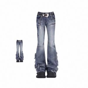 Vintage Baggy Blue Flare Jeans Pantalon en denim taille haute Emo 2000s Y2k Harajuku 90s Pantalon large esthétique Essayez des vêtements g5VZ #