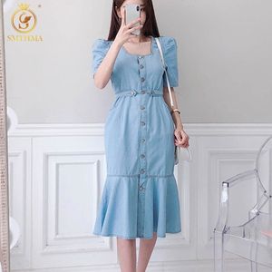 Dames Vintage Mermaid Solid Denim Jurk Robe Vrouwelijke Korte Mouwen Slanke Elegante Single-Breasted Chic Summer Vestidos 210520