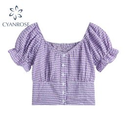 Cardigan d'été à manches courtes pour femmes Vintage Blouses Purple Plaid Mori Girl Chemises de culture coréennes Élégant Slim Sweet Y2K Blusas Top 210417