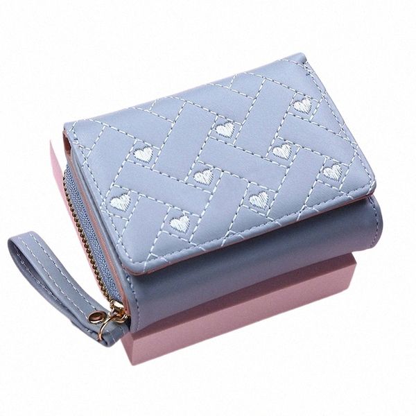 Portefeuille pour femmes pour cuir PU Fi Broidered Love Tri-Fold Small Wallet Carte Holder Multi-Carte Slots Coin Bands New 06T2 #