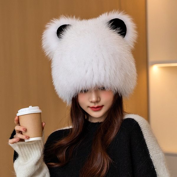 Chapeau chaud en vraie fourrure de renard pour femmes, chapeau russe extensible, oreillettes, chapeau melon d'extérieur, casquette de Ski