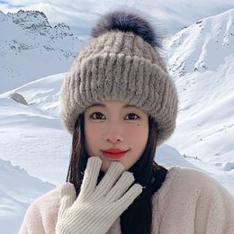 Gorro cálido de piel de visón auténtica para mujer, gorro elástico de punto, gorro de esquí para nieve, orejeras