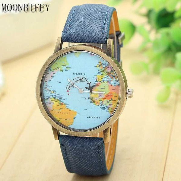 Montres féminines 2022 Fashion Global World Map Plane Denim Fabric Band Watch Men décontracté Femmes Wrists Montre à quartz Gift Horloges Relgio 240409