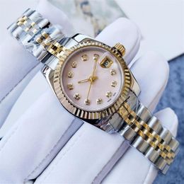 Relojes de mujer 28MM Cara con patrón de concha rosa Bisel de media luna mecánico completamente automático Reloj de oro de 18 quilates de acero inoxidable Fashion275T