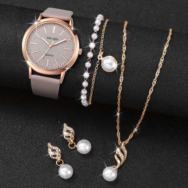 Montres féminines 5pcs / ensemble Femmes Femmes brillance Rigicestone Quartz analogue Pu Leather brumeux Faux Pearl Jewelry Set Gift for Mom Her