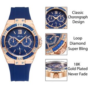 Montres pour femmes chronographe or rose montre de sport dames diamant bleu bande de caoutchouc xfcs analogique femme montre-bracelet à quartz