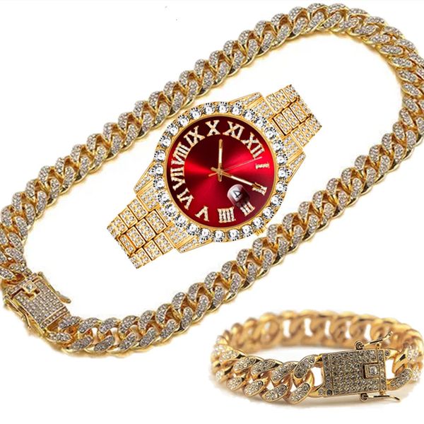 Montres pour femmes Montre en or de luxe pour hommes montre entièrement glacée hommes Bling Miami horloge cubaine chaîne strass Bracelet collier ensemble de bijoux Relogio 231025