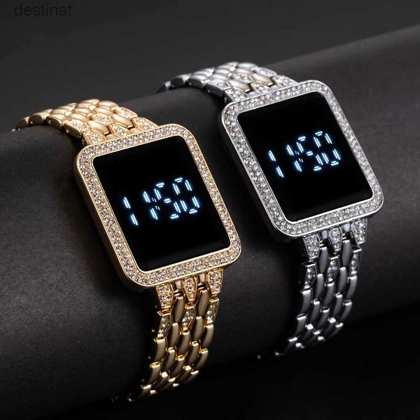 Relojes de mujer Reloj digital de lujo con diamantes de imitación para mujer Pantalla táctil LED Relojes de mujer Reloj electrónico de moda dorado y plateado para mujer reloj mujerL231018