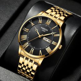 Relojes de mujer NIBOSI moda simple reloj de hombre delgado acero semana fecha impermeable oro para cuarzo reloj de negocios Relogio masculino 231012
