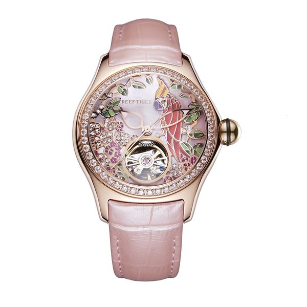 Relojes de mujer Reef Tiger Mujer Automático de lujo Reloj de moda para mujer Reloj de pulsera mecánico Espejo de burbuja Esqueleto Arte 3D Dial RGA7105 230703