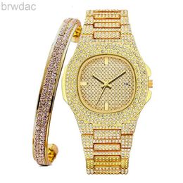 Montres pour femmes Watch + bracele pour femmes Bling Miami Bracelet Iced Out Montres Women Hip Hop Watch Luxury Gold Watch Set Women Jewelry Set Gifts 240409