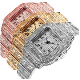 Montres pour femmes Montres pour hommes femmes luxe Hiphop glacé montre horloges or strass Quartz carré montre-bracelet Hip Hop montre hommes Relogio 231025