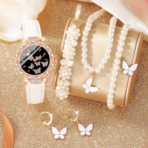 Montres féminines Star Womens Roman papillon ruine hingestone cuir quartz + 4ps Pearl Jewelry + 1pcs Elegant Hairpin Set Mothers Day Gift