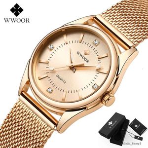 Dames S Horloges WWOOR Luxe Merk Jurk Gouden Horloge Dames Elegante Diamant Kleine Quartz Pols voor Dames Stalen Gaas Klok Zegarek Damski 288