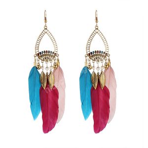 Dames Water Drop Hollow Blue Feather Oorbellen Vrouwelijke Etnische Crystal Leaf Tassel Indian Dangle Oorbellen Jhumka Retro Boho Sieraden