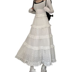 Dames witte kleur hoge elastische taille gehaakte uitgeholde a-lijn maxi lange rok SM