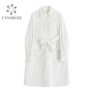 Robe chemise blanche pour femmes, col rabattu, manches longues, taille haute, bureau coréen, dames élégantes, décontractées, frocs droits 210417