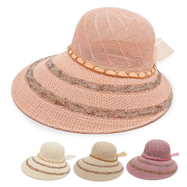 Chapeaux à larges bords pour femmes Chapeau d'ombrage à demi-bords avec rubans de soie Chapeau de paille élégant avec nœud papillon