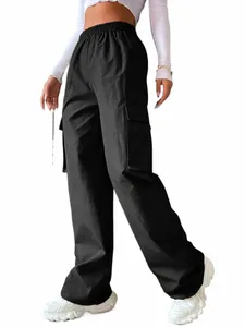 Pantalon cargo à jambes larges pour femmes avec poches à rabat solides et coupe ample G2Kf #