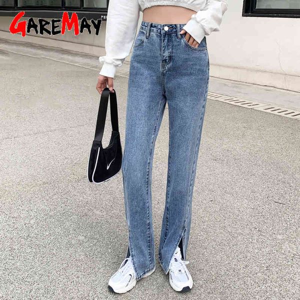 Jeans à jambes larges pour femmes taille haute noir bureau empilé coréen femme vintage denim pantalon fendu ourlet pour femmes 210428