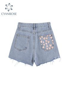 Short en jean à jambes larges pour femmes Short imprimé coeur Vintage décontracté élégant taille haute printemps femme Y2K E-girl short en jean déchiré Y220311