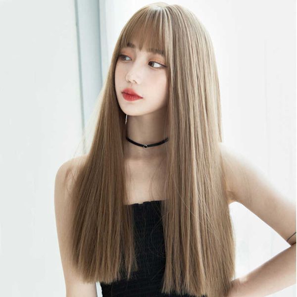 Perruques pour femmes Japon et Corée du Sud Air Bangs Longue Ligne Droite Fibre Chimique Haute Température Soie Cheveux Femelle Tête Ensemble