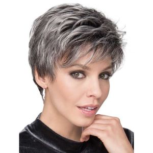Perruques pour femmes cheveux courts bouclés vieux gris blanc frange oblique partielle soie haute température