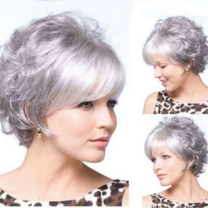 Perruques pour femmes petit gris blanc cheveux courts bouclés frange oblique