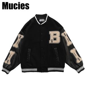 Coupe-vent pour femmes Furry Bone Lettre Patch Block 3 couleurs Harajuku College Style Bomber Printemps Veste Hommes Baseball Manteau 211126