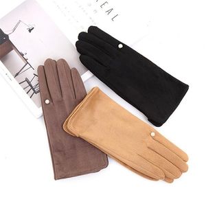 Gants d'écran tactile chauds d'hiver pour femmes plus velours épais élégants en daim perlé coupe-vent gants de conduite de cyclisme à doigts complets K43 211224