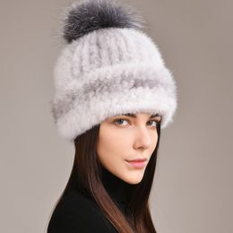 Chapeau d'hiver en vraie fourrure de vison pour femmes, bonnet Skullies élastique tricoté avec boule de renard