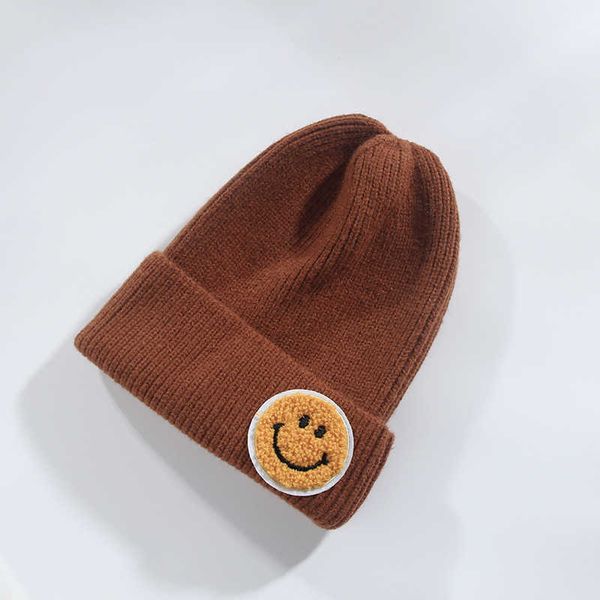 Chapeau d'hiver avec étiquette smiley pour femmes, chapeau en laine pour couple, couleur bonbon, pull tricoté à la mode, 3586VSR62