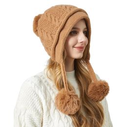 Femmes hiver épais oreille protection trois boule de cheveux lapin cheveux tricoté chapeau en plein air équitation chaud chapeau Skullies bonnets 231229