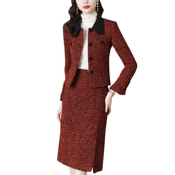 Femmes hiver deux pièces robe laine jupe costume femmes élégant veste manteau ensembles slim fit vêtements bureau dame vêtements de travail