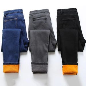 Dames Winter Warm Fleece Jeans Mode Hoge Elastische Taille Skinny Stretch Denim Potlood Broek Plus Size Vrouwelijke Buttons Broek 210203